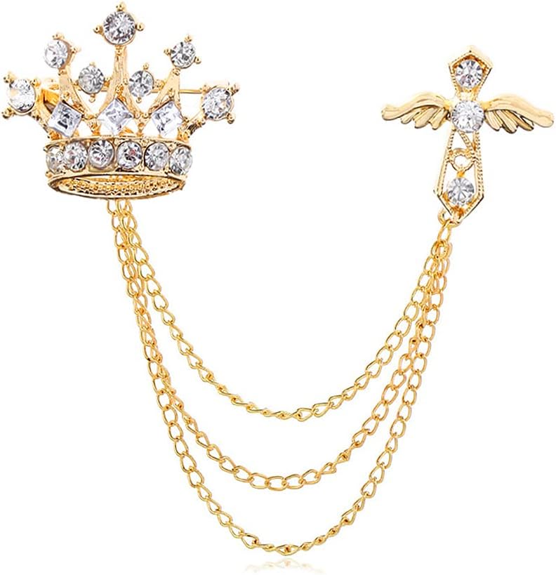 Uarein Cross Crown Long Chain Brooch, Rhinestone Tassel Brooch Pin,Retro Crystal Suit Pins Collar Pin,Coat Tassel Chain Lapel Pins for Men's Suit Accessories - Image 1